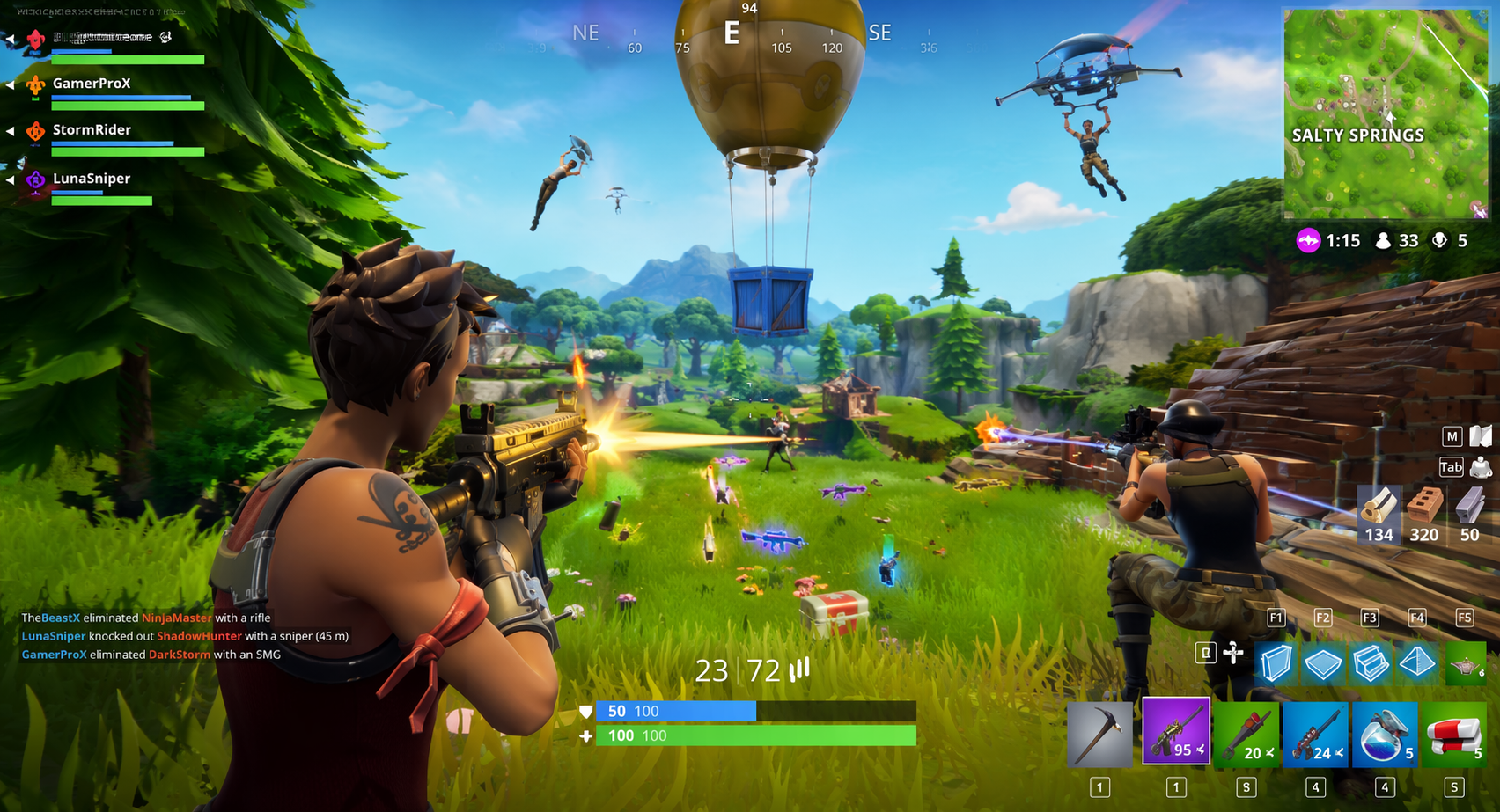 LightniteOne PC gameplay showing battle royale combat, weapons, and colorful map environment