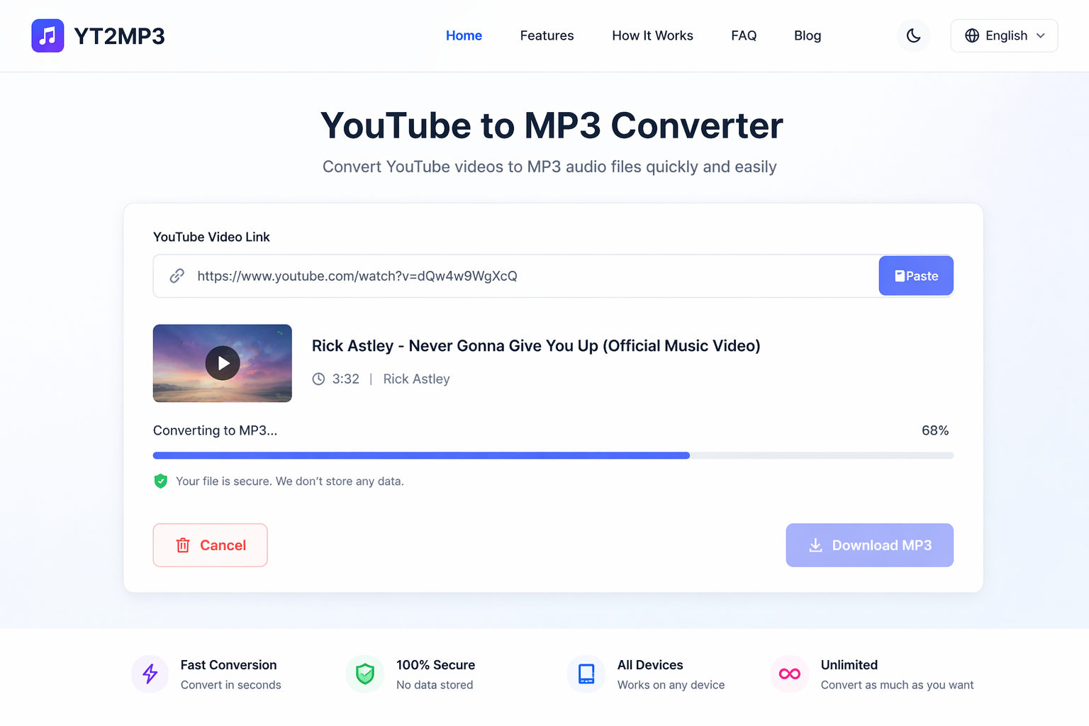 YTMP3 YouTube to MP3 converter interface converting video link into MP3 audio file