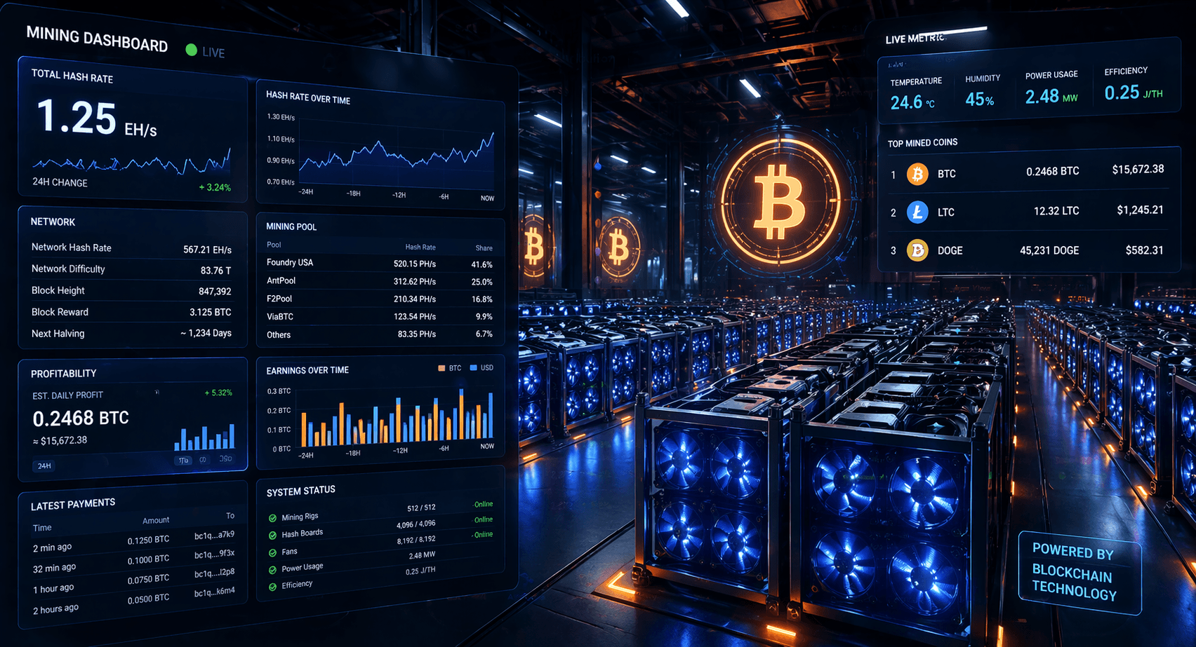 bitcoin miners news showing crypto mining rigs and performance analytics