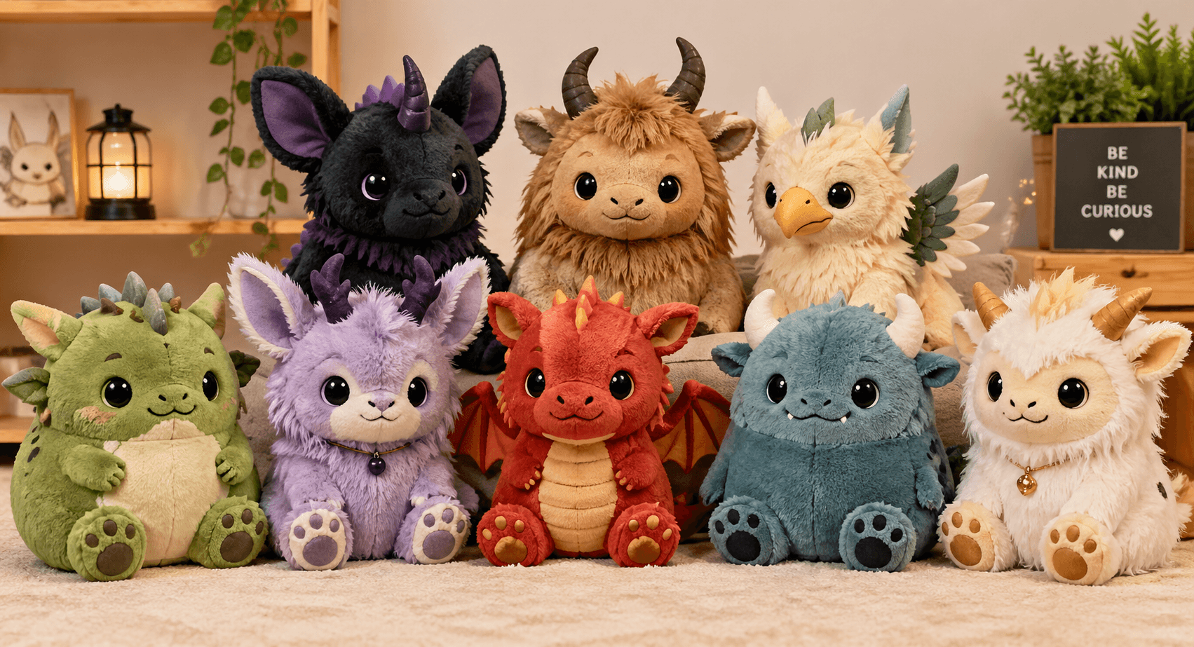 Creature stuffed animals including dragons and fantasy plush toys