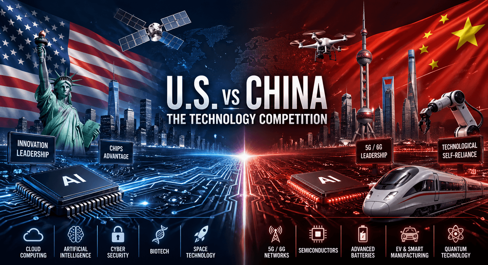 US China technology competition with AI chips and digital global network