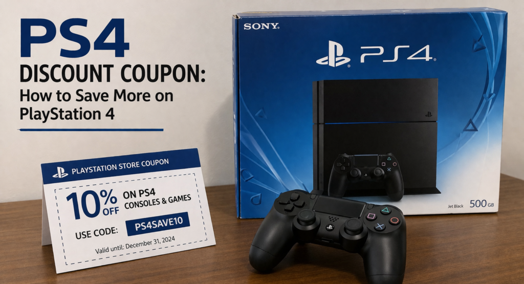 PS4 discount coupon with PlayStation 4 console and game deals