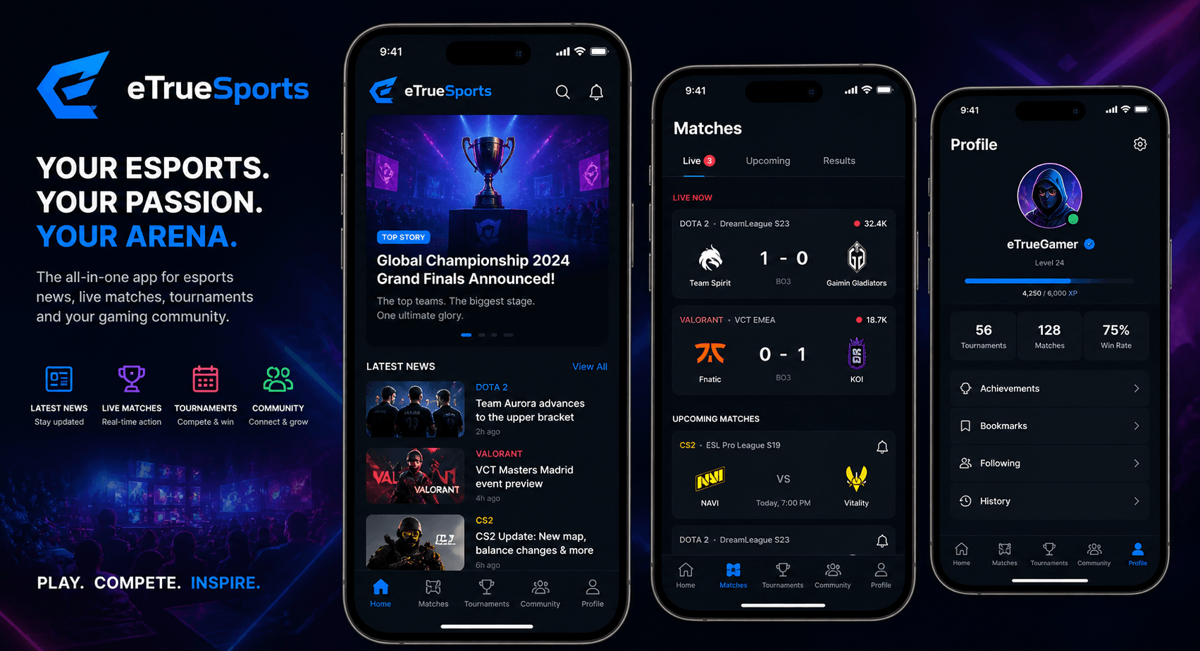 eTrueSports iOS app showing esports analytics dashboard on iPhone