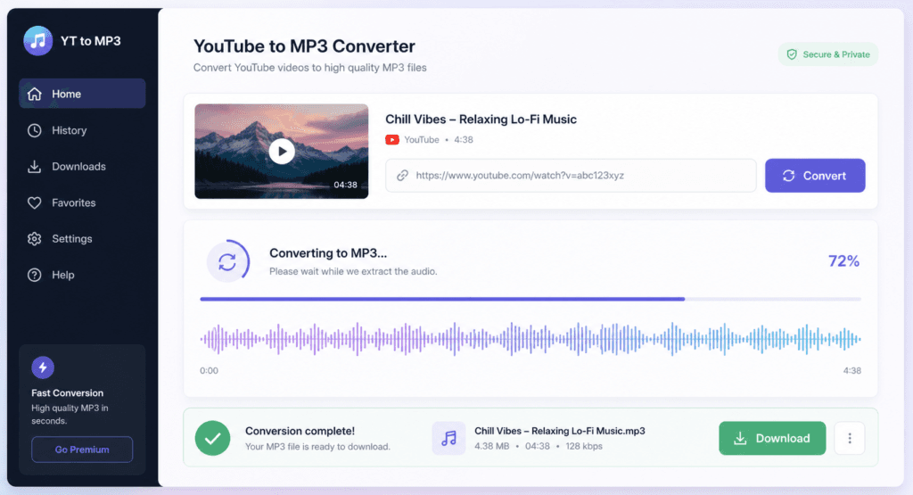 YouTube to MP3 converter interface showing audio extraction process